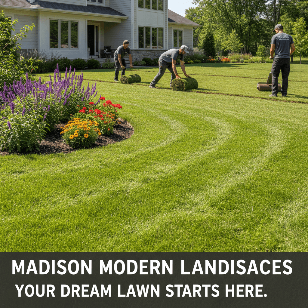 Professional landscaper using precision edger to trim sharp grass line along mulch garden bed in bright sunlight