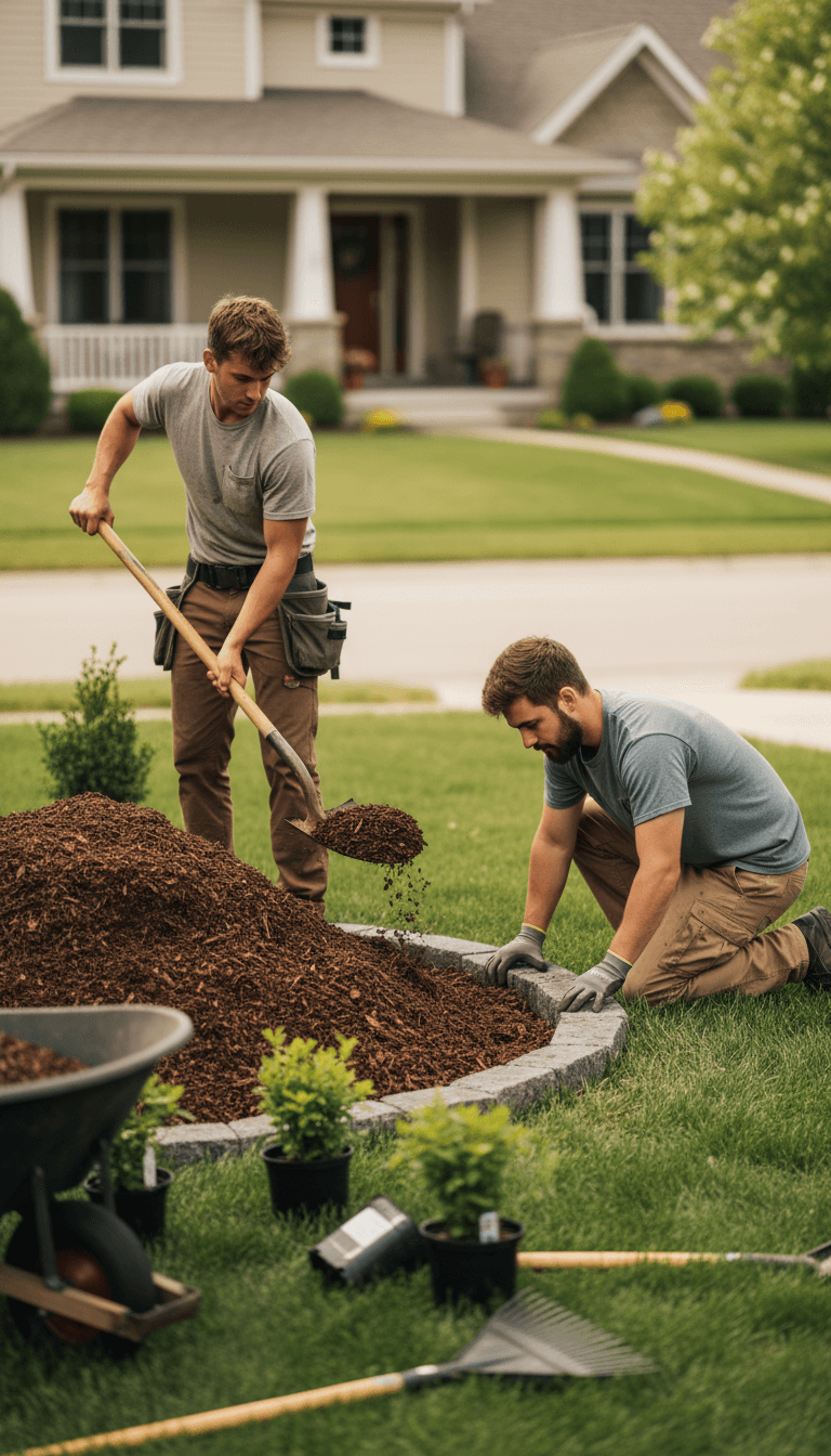 Madison Modern Landscapes crew members actively working on landscape installation and mulching at a Madison residential property
