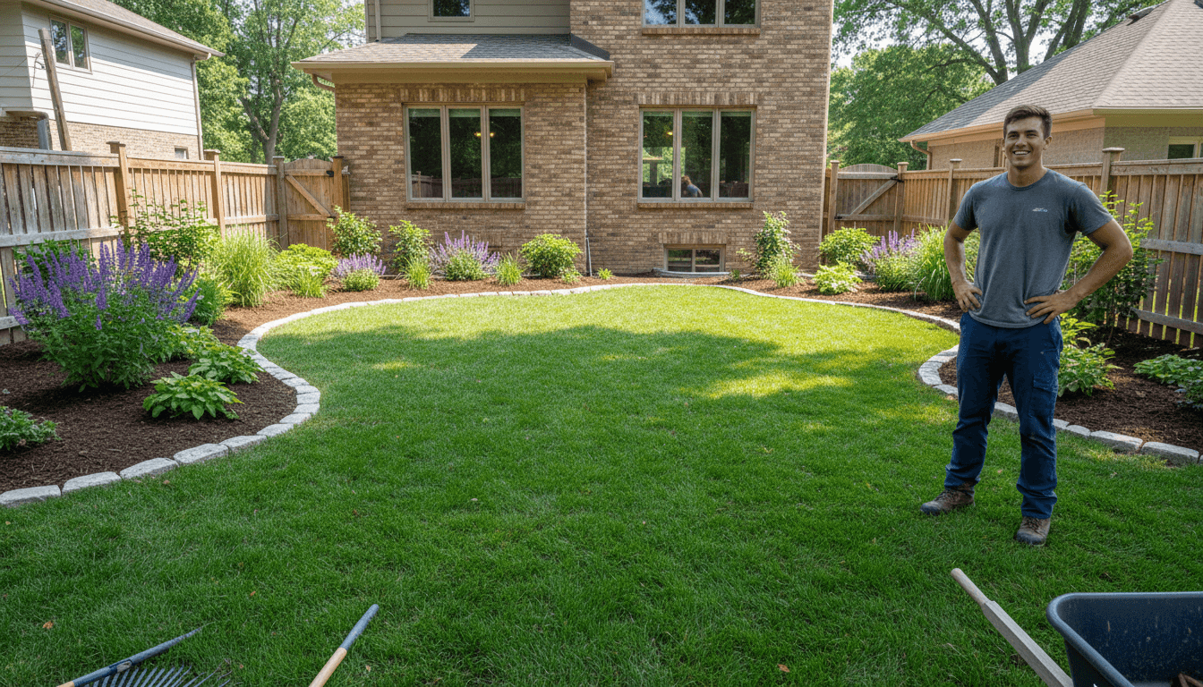 Professional landscaping transformation of a Madison backyard with manicured lawn and garden beds