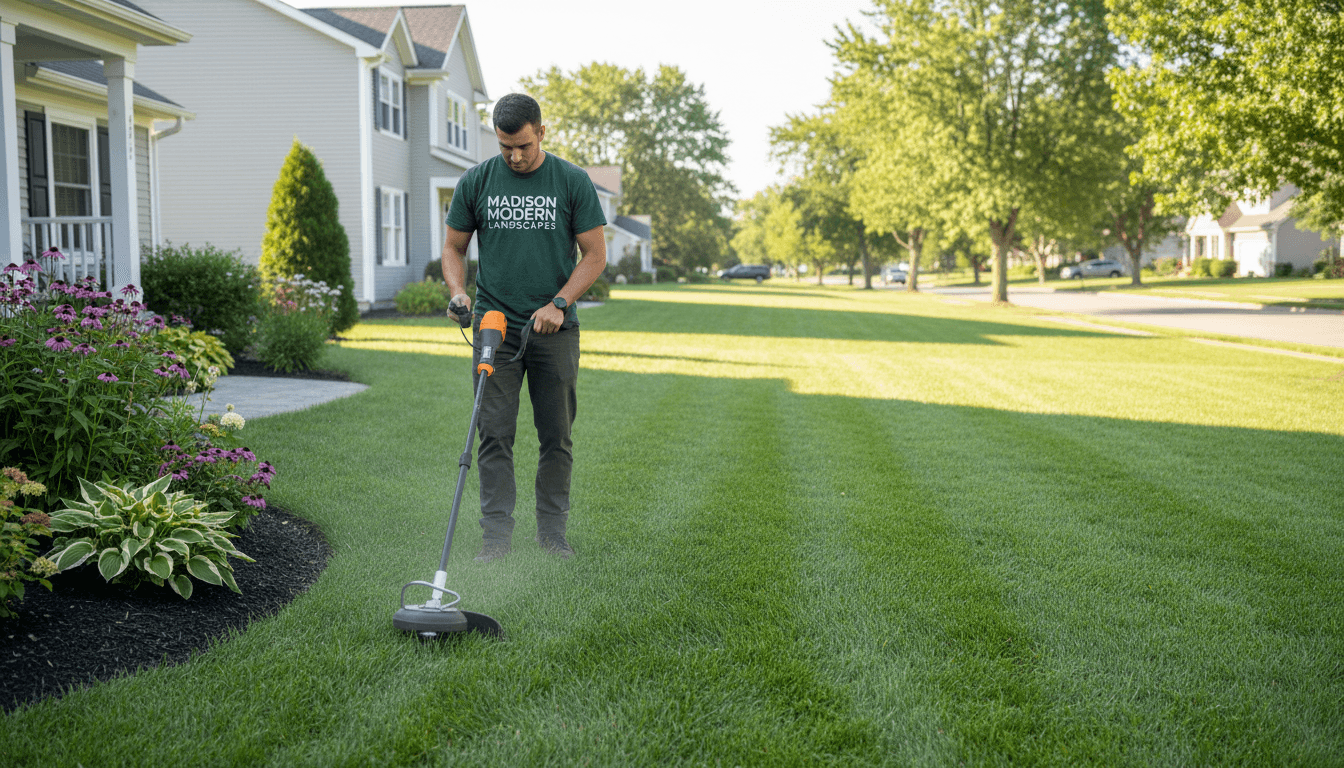 Madison Modern Landscapes crew member performing precision edging work in a well-maintained front yard