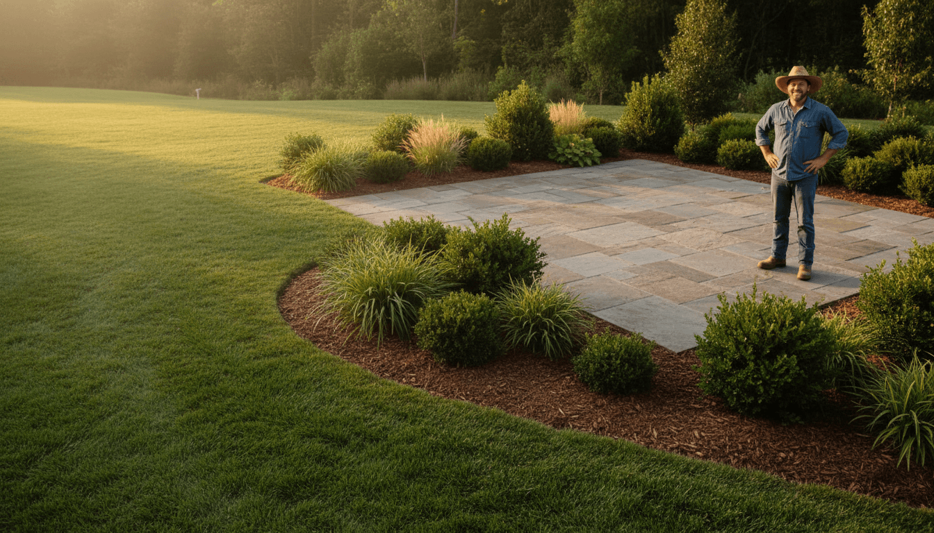 Completed modern landscape transformation in Madison showing finished patio and garden beds