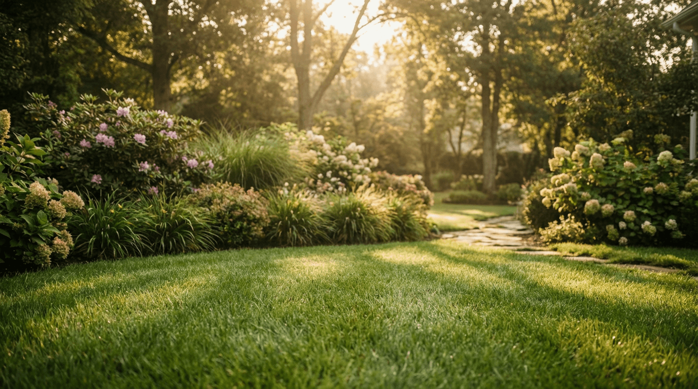 Freshly landscaped residential yard in Madison with new mulch beds and manicured lawn