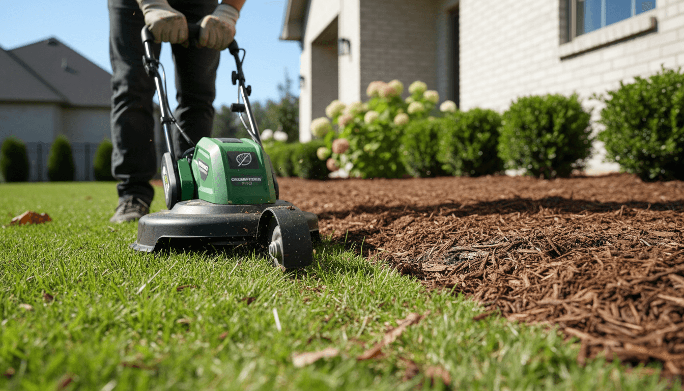 Professional landscaping crew performing precision edging and trimming on a residential garden bed in Madison