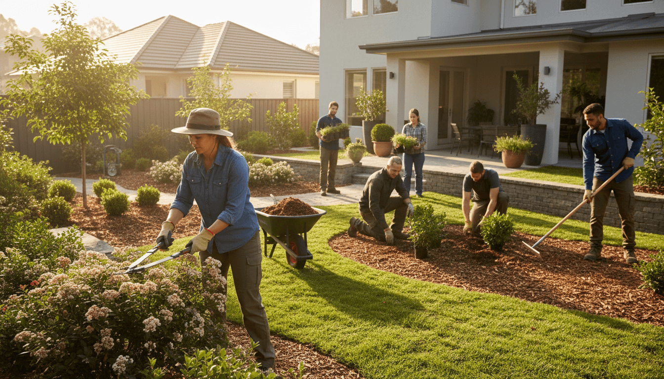 Diverse team of college students working together on a landscaping project in Madison, actively engaged and smiling