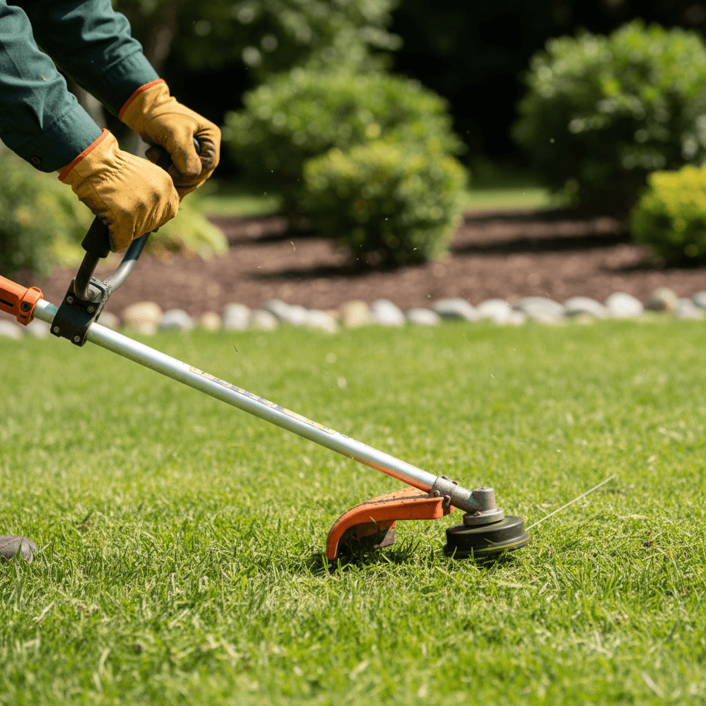 Madison Modern Landscapes team working on residential lawn edging and mulching
