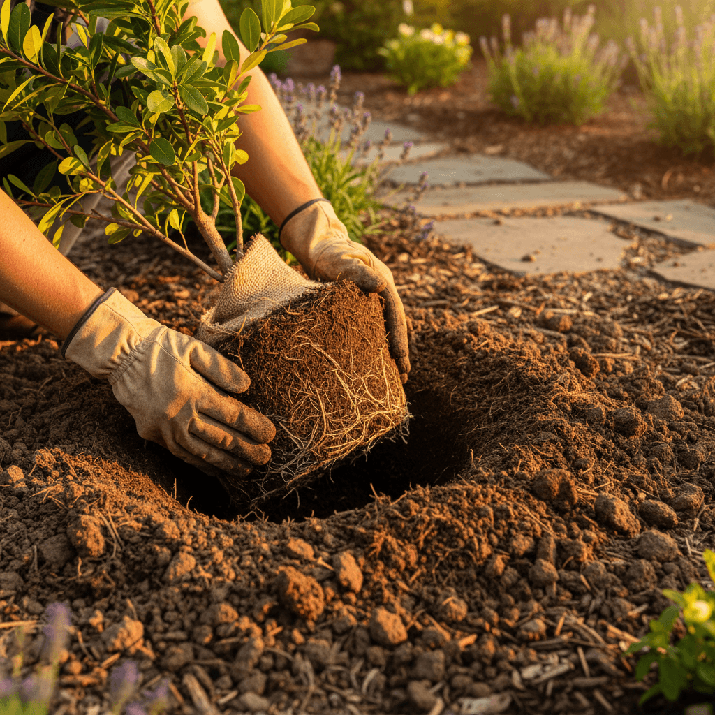 Madison Modern Landscapes team member planting in freshly mulched garden bed