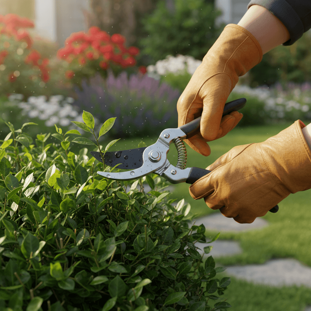 Landscaper performing precision trimming on shrub with hedge clippers