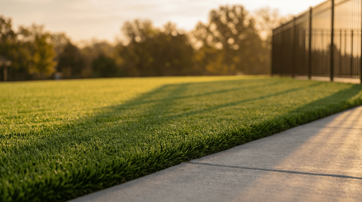 Madison Modern Landscapes crew standing in a beautifully transformed yard at golden hour, showcasing completed landscaping work
